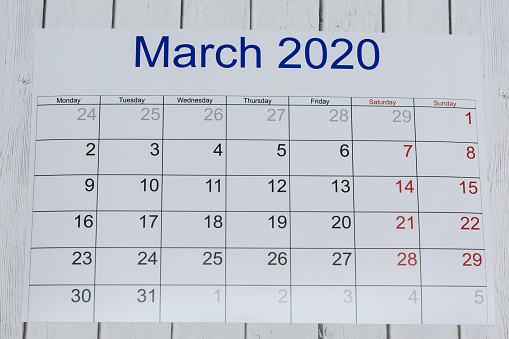 Calendar for March 2020. Plans for the new year.