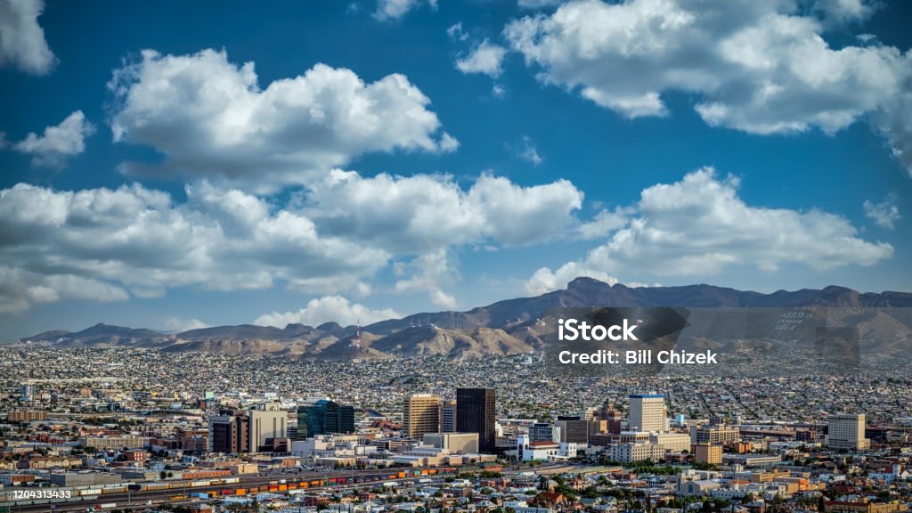 Texas Skies Clouds and blue skies over El Paso, Texas and Juarez, Mexico. El Paso - Texas Stock Photo