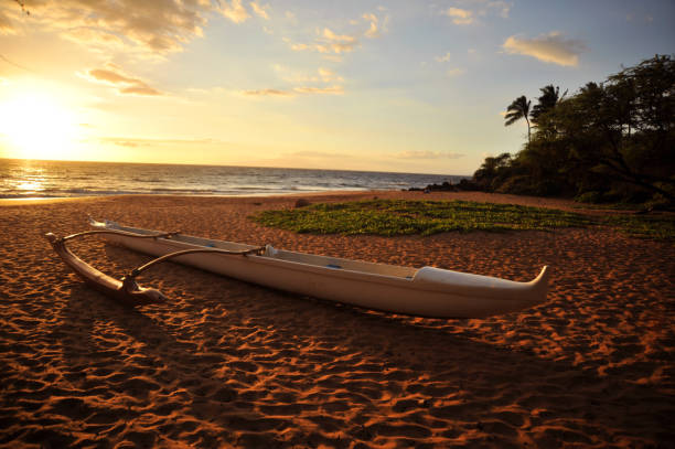 canoa en la playa en maui - canoa con balancín fotografías e imágenes de stock