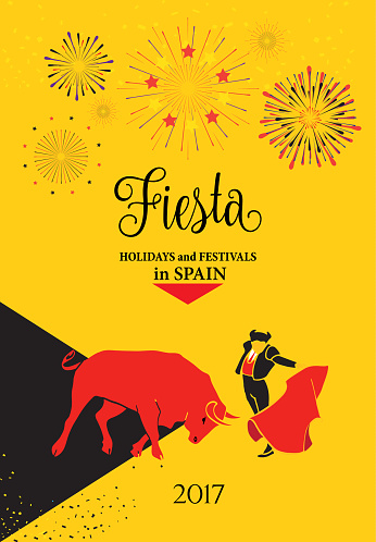 Spain Fiestas Bullfighting Abstract Poster. Spanish San Fermin Festival. Matador and bull are shown in arena. Modern design illustration. Running bulls main attraction famous celebration, Pamplona Fiesta vector, icon, Bullfight concept banner template