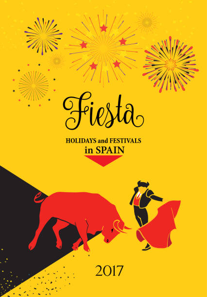 Spain Fiestas Bullfighting Abstract Poster. Spanish San Fermin Festival Vector Spain Fiestas Bullfighting Abstract Poster. Spanish San Fermin Festival. Matador and bull are shown in arena. Modern design illustration. Running bulls main attraction famous celebration, Pamplona Fiesta vector, icon, Bullfight concept banner template construction company brochure template stock illustrations