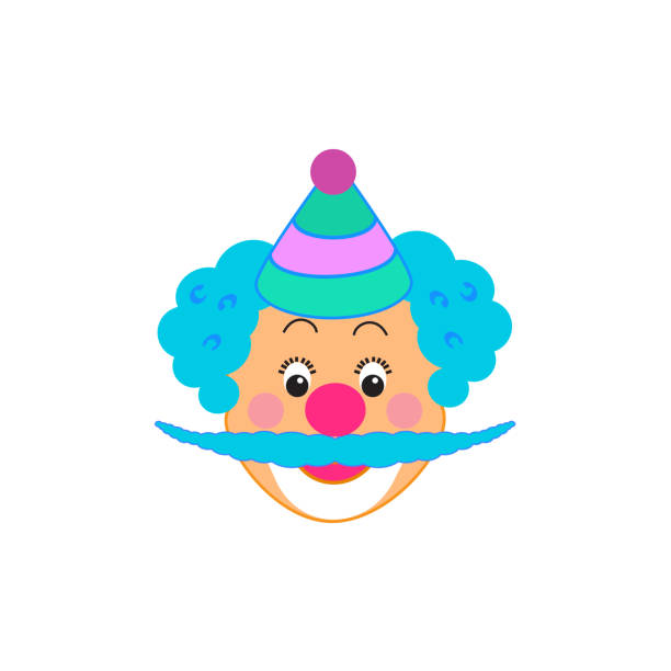 ilustrações de stock, clip art, desenhos animados e ícones de clown smiley face - carnival mask, clown emoticon icon, avatar, booth props. vector flat icons. cartoon characters illustration - costume mustache child disguise