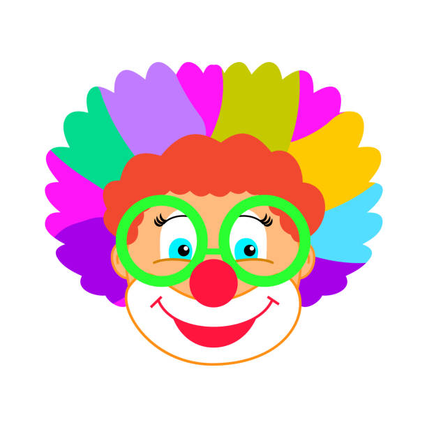 ilustrações de stock, clip art, desenhos animados e ícones de clown smiley face - carnival mask, clown emoticon icon, avatar, booth props. vector flat icons. cartoon characters illustration - costume mustache child disguise