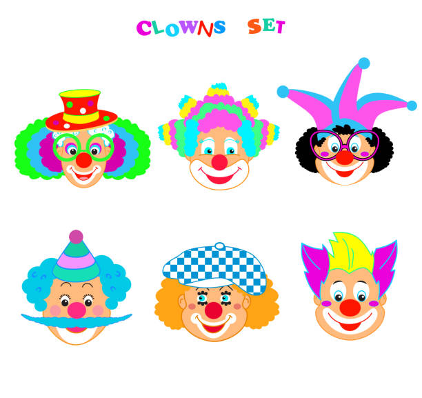 ilustrações de stock, clip art, desenhos animados e ícones de clown smiley faces set - different carnival mask, clown emoticon icons, avatar, booth props. vector flat icons. cartoon characters illustration - costume mustache child disguise