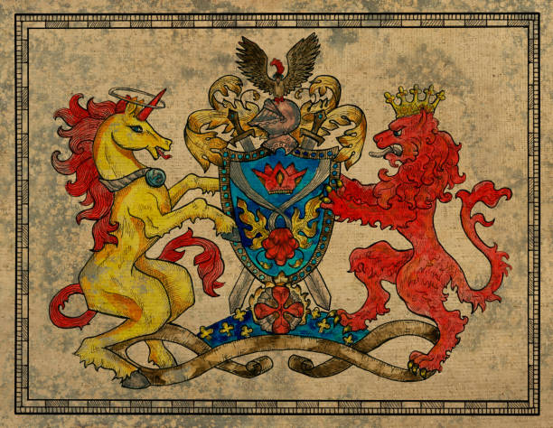 텍스처 배경에 유니콘과 사자 짐승 골동품 고블린. - lion coat of arms shield backgrounds stock illustrations