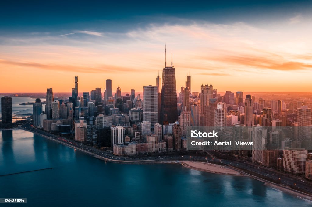 Dramatic Sunset - Downtown Chicago Aerial Dramatic View of Downtown Chicago at Sunset - Lake Shore Drive Chicago - Illinois Stock Photo