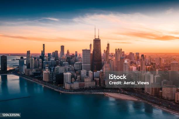 Dramatic Sunset Downtown Chicago Stock Photo - Download Image Now - Chicago - Illinois, Urban Skyline, City