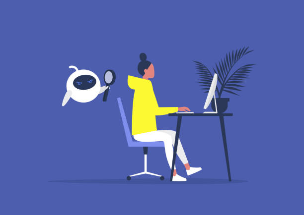 Privacy violation in the office, a robot spying on a young female manager at work, human rights Privacy violation in the office, a robot spying on a young female manager at work, human rights bionic woman cartoon stock illustrations