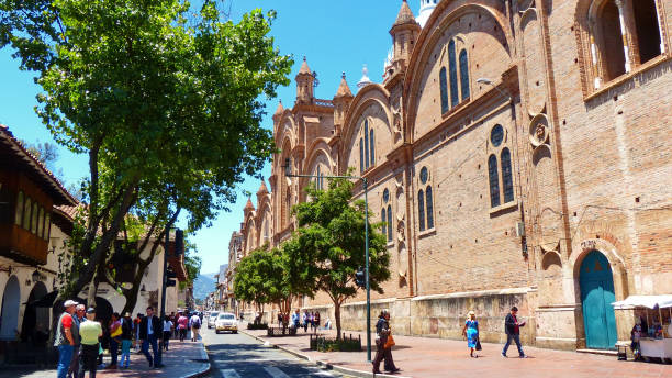Cuenca, Ecuador - February 5, 2020: Historical center of city.View from the street Mariscal Sucre at New Cathedral or Catedral de la Inmaculada Concepción de Cuenca. Ecuador