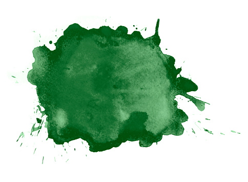 green watercolor spot with splashes hand colored on a white watercolor paper. My own work