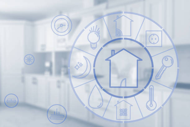 istock Smart home technology concept. Touch screen display of modern house control unit. Great design for wireless home automation systems concept 1204335179