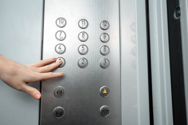 istock Female hand, finger presses the elevator button. up the career ladder. 1204335392