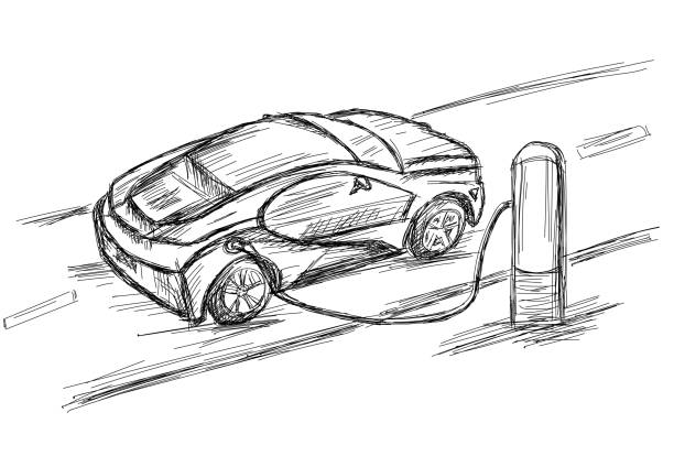 Modern Electric Car Charging at a Charge Station - Vector Illustration Modern Electric Car Charging at a Charge Station - Vector Illustration car sketches stock illustrations