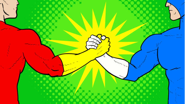 Vector Superhero Brother or Arm Wrestling Handshake Pop Art Stock Illustration A pop art style vector illustration of two superheroes shaking hands with brother or homie style. Wide space available for your copy. arm wrestling stock illustrations