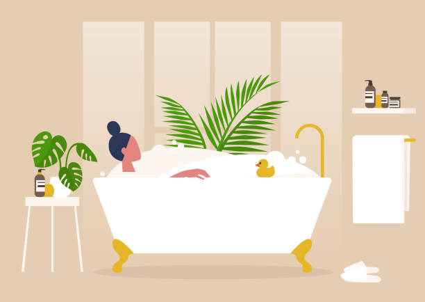 desain interior, karakter wanita muda mencuci di bak mandi vintage clawfoot penuh busa sabun, relaksasi dan perawatan tubuh - kamar mandi struktur bangunan ilustrasi ilustrasi stok