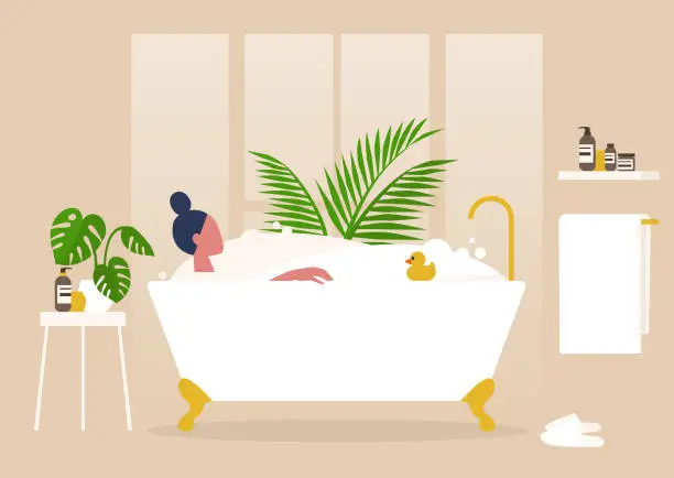 Vector illustration of Interior design, Young female character washing in a clawfoot vintage bathtub full of soap foam, relaxation and body treatment