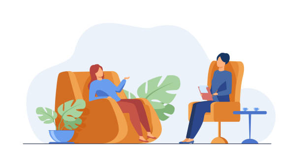 심리학자를 방문하는 여성 - psychiatrists couch stock illustrations