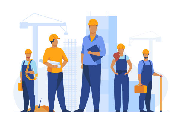 Construction team working on site Construction team working on site. Builders, engineers, architects in helmets and overalls holding blueprints, toolkits, measuring tools. Vector illustration for building, engineering, labor construction worker illustrations stock illustrations