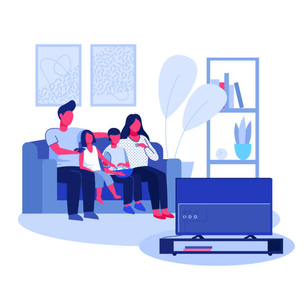 Parent couple, boy and girl watching TV Parent couple, boy and girl watching TV. Parents with two kids, popcorn sitting together on couch, enjoying movie. Vector illustration for home interior, living room, entertainment concept kids watching tv stock illustrations
