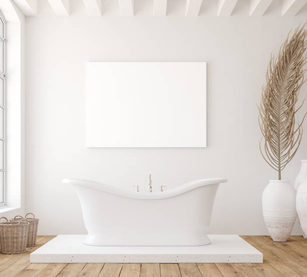 istock Mockup poster in minimalist white bathroom interior 1204347097