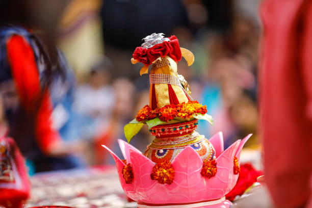 istock Indian traditional wedding ceremony : Decorative coper kalash 1204350673
