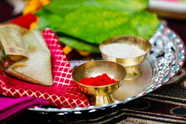 Traditional indian wedding ceremony in Hinduism : puja thali