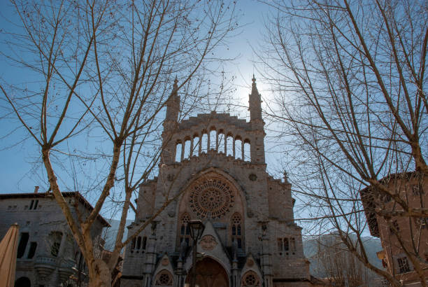 istock Cathedral of Soller against sun on Spanish island Mallorca 1204353718