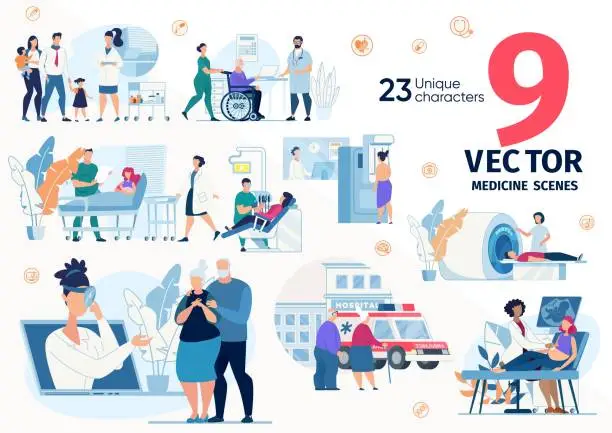 Vector illustration of Clinic Services, Doctors Professions Vectors Set