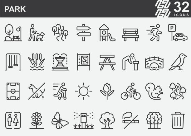 ilustraciones, imágenes clip art, dibujos animados e iconos de stock de iconos de la línea del parque - banco asiento