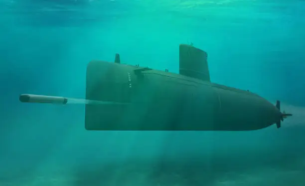 Naval submarine firing torpedo underwater
