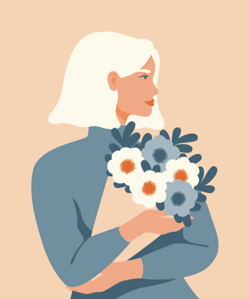 schönheit frau mit blonden haaren hält einen strauß von frühlingsblumen. - vertical single flower women teenager stock-grafiken, -clipart, -cartoons und -symbole