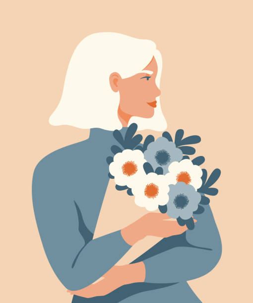 ilustrações, clipart, desenhos animados e ícones de mulher de beleza com cabelos loiros segurando um buquê de flores da primavera. - cut flowers illustrations