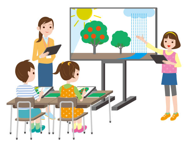 Class scene using tablet and Interactive Whiteboard. Education by network technology School classes and technology convenience asian stock illustrations