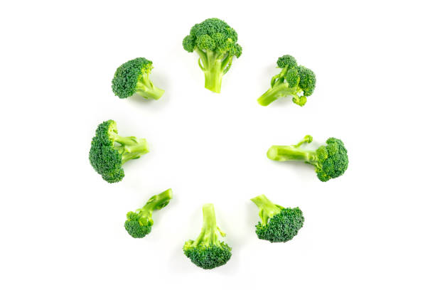 Broccoli florets, shot from the top on a white background, forming a circular frame with a place for text