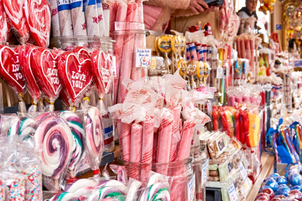 Franeker, The Netherlands - April 08, 2017: Many colorful candies in a market stall in The Netherlands.