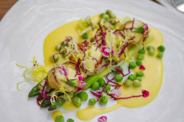 istock Grilled scallops delicate fusion seafood cuisine top view 1204362954