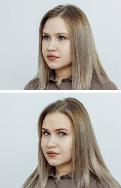 istock Photo comparison before and after permanent makeup, tattooing of eyebrows 1204362972