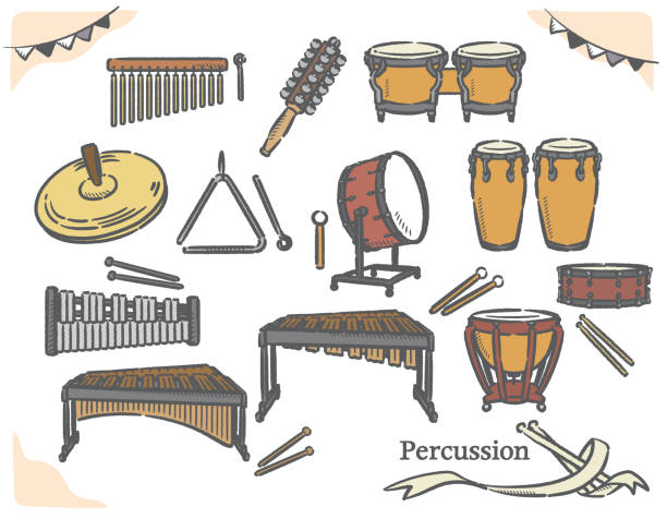 набор ударных инструментов - cymbal drumstick music percussion instrument stock illustrations