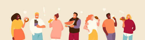 People eating sweets vector Group of happy people eating sweets. Body positive and enjoyment of food vector illustration pics of a bewitched stock illustrations