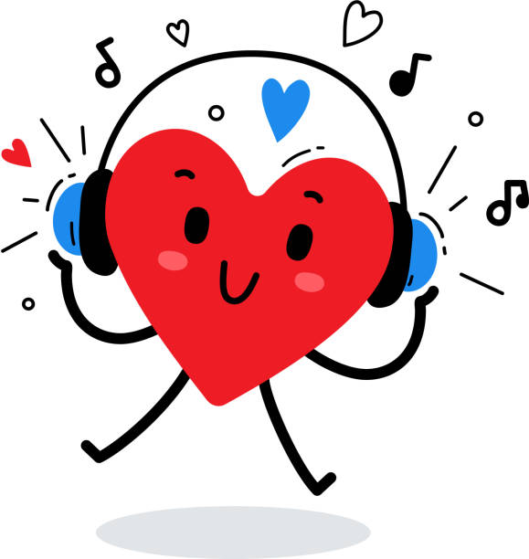 wektorowa ilustracja szczęśliwego czerwonego serca słuchającego muzyki w słuchawkach na białym tle. - valentines day hearts audio stock illustrations