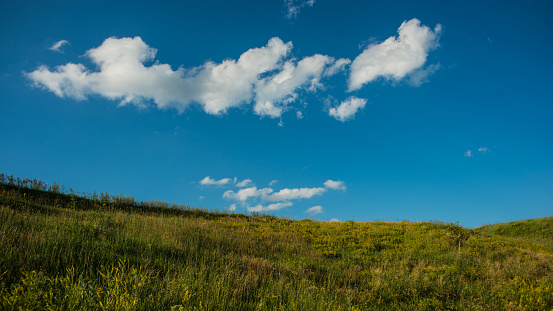 White clouds on a blue sky above a meadow in a hilly area. Panoramic landscape in the countryside. Summer season. Web banner.