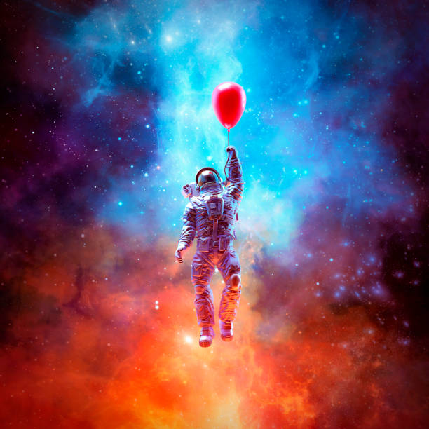 Dream of escape 3D illustration of surreal science fiction scene with astronaut floating into space using red balloon colorful nebula stock pictures, royalty-free photos & images