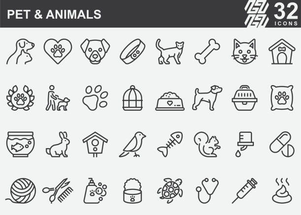 illustrations, cliparts, dessins animés et icônes de icônes de ligne d’animal familier et d’animaux - animalerie