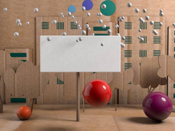 cardboard city with empty billboard and balls - ball horizontal outdoors childhood imagens e fotografias de stock