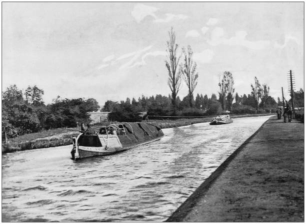 Antique photograph of the British Empire: Monkey barges on the grand junction canal Antique photograph of the British Empire: Monkey barges on the grand junction canal oxfordshire stock illustrations