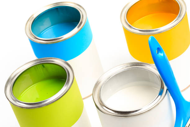 istock Cans with color paint with brushes  isolated on white background - Image 1204375880