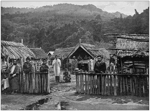 Antique photograph of the British Empire: Maori village Koroniti