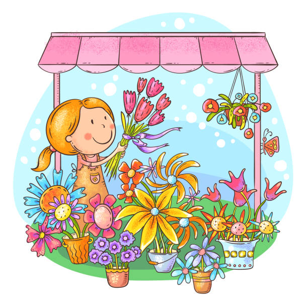 ilustrações de stock, clip art, desenhos animados e ícones de florist girl selling bouquets at the flower stand or shop - florist flower market flower store