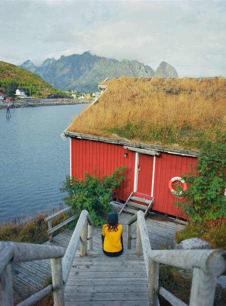 женщина в деревнерейн на лофотенских островах - fishing village idyllic red cottage стоковые фото и изображения