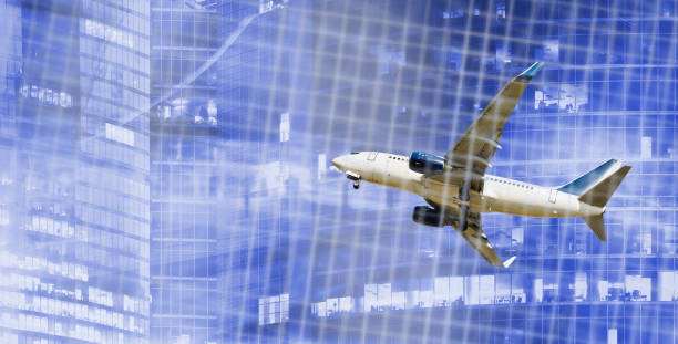 istock Airplane flying on industrial landscape 1204377682